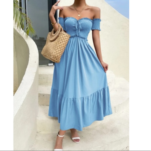 Off shoulder shirred ruffle hem dress - Picture 5 of 5
